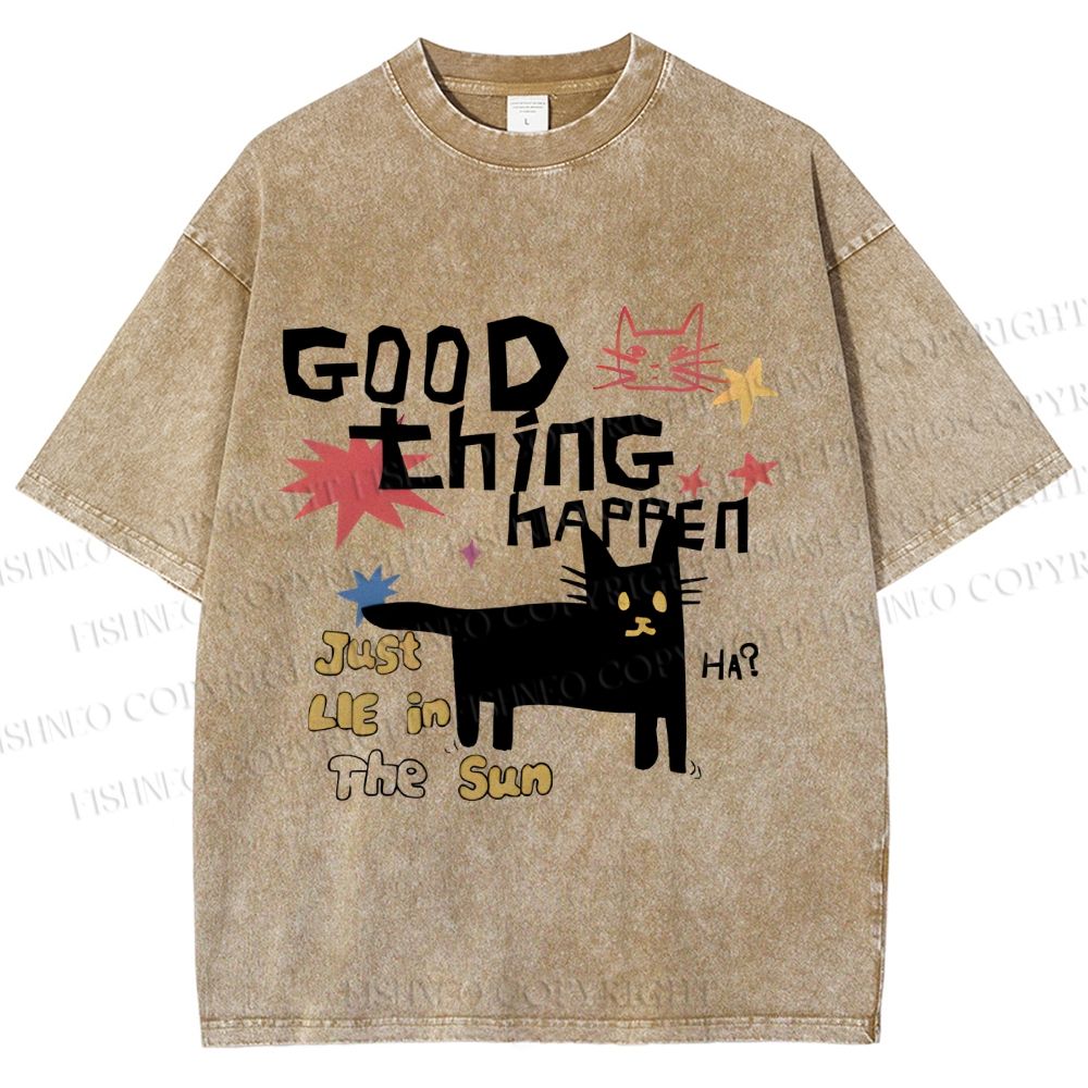 Unisex Black Cat Sunbathing Good Thing Printed Washed Tee