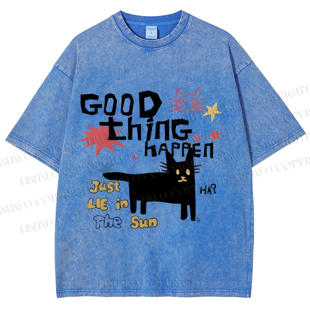 Unisex Black Cat Sunbathing Good Thing Printed Washed Tee