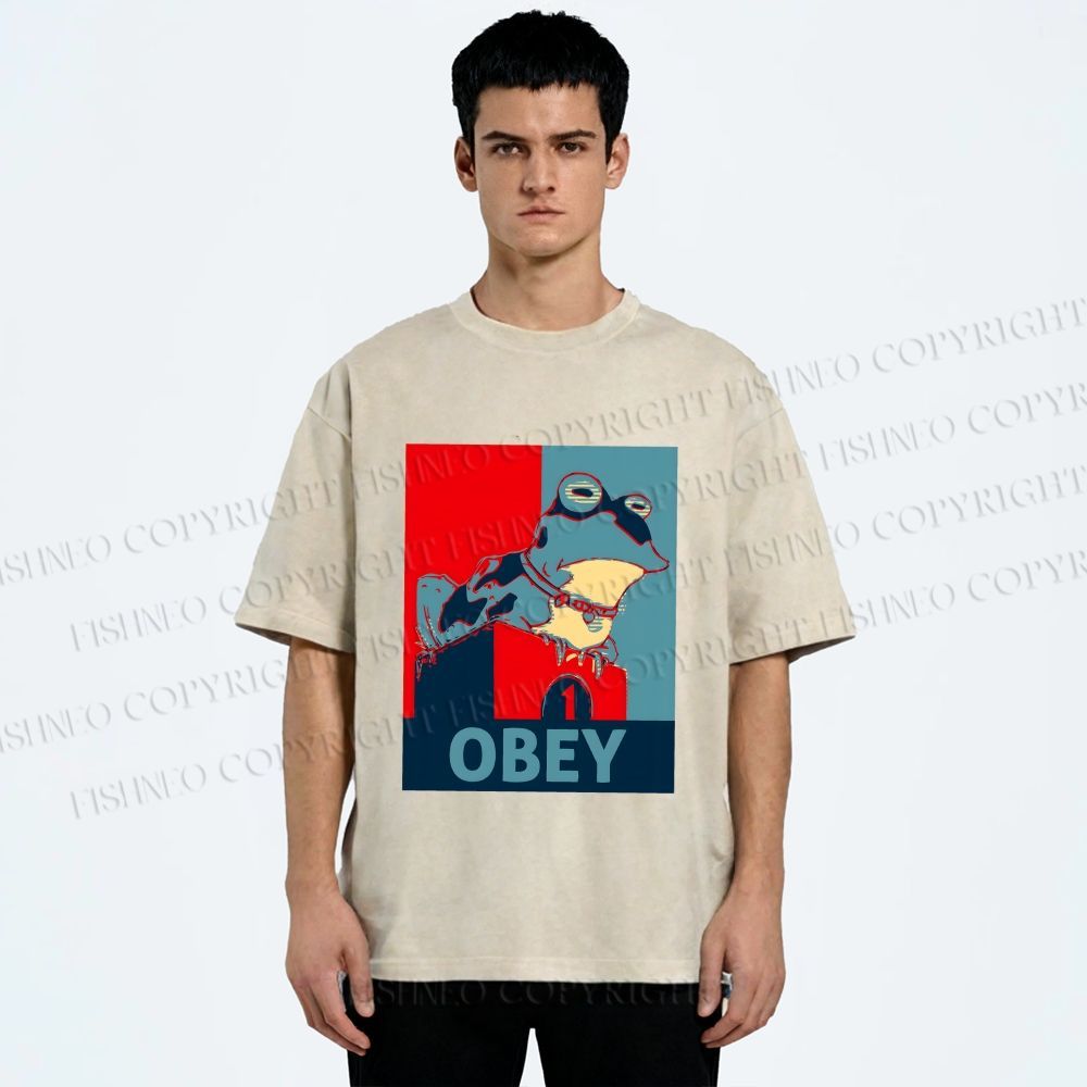 Unisex Frog Obey Graphic Tee Printed Washed Tee