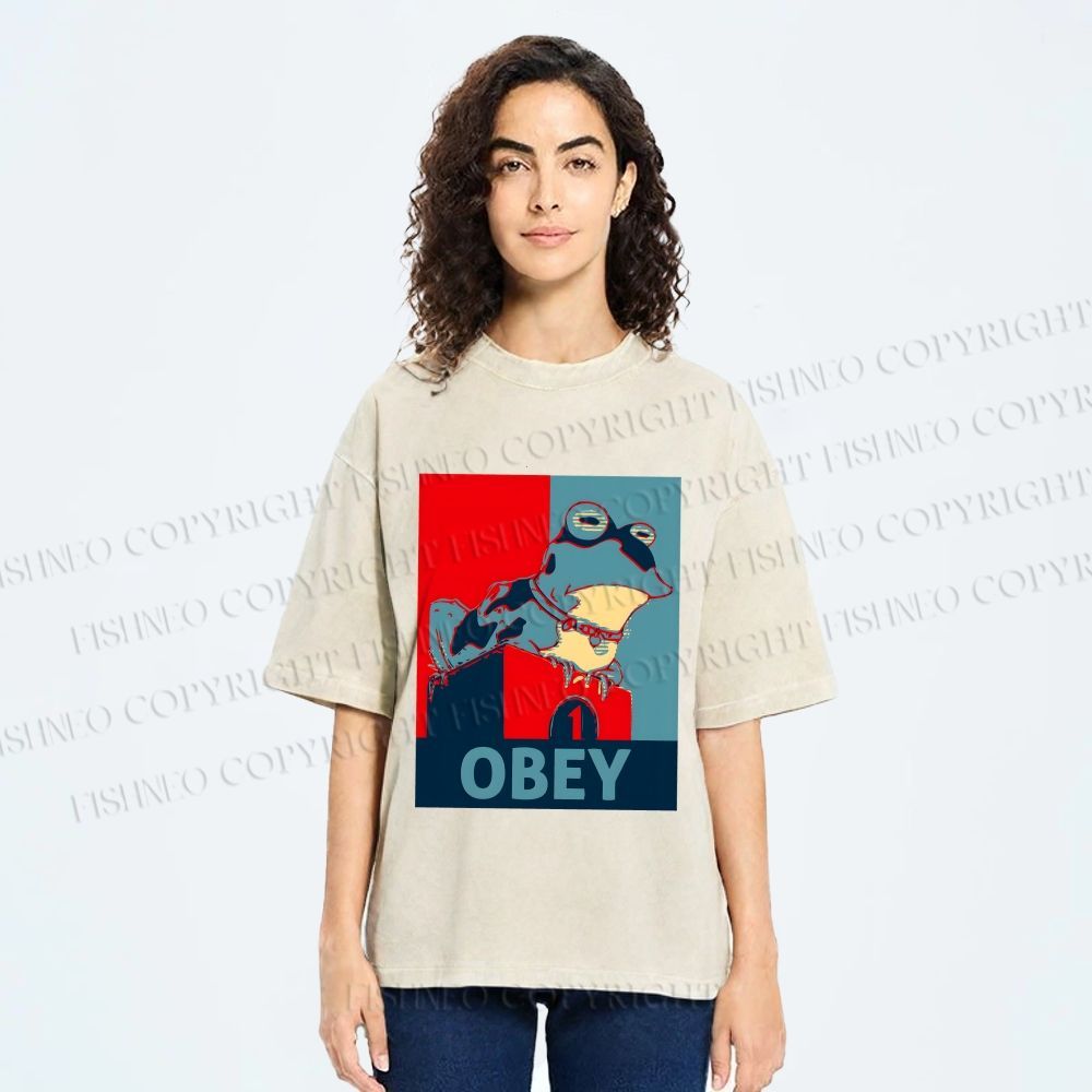Unisex Frog Obey Graphic Tee Printed Washed Tee