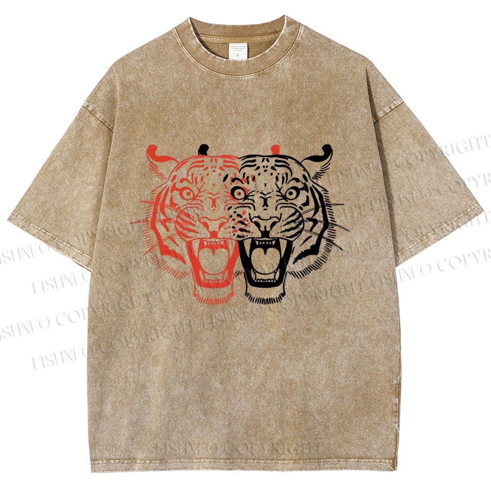 Unisex Patchwork Tiger Printed Washed Tee