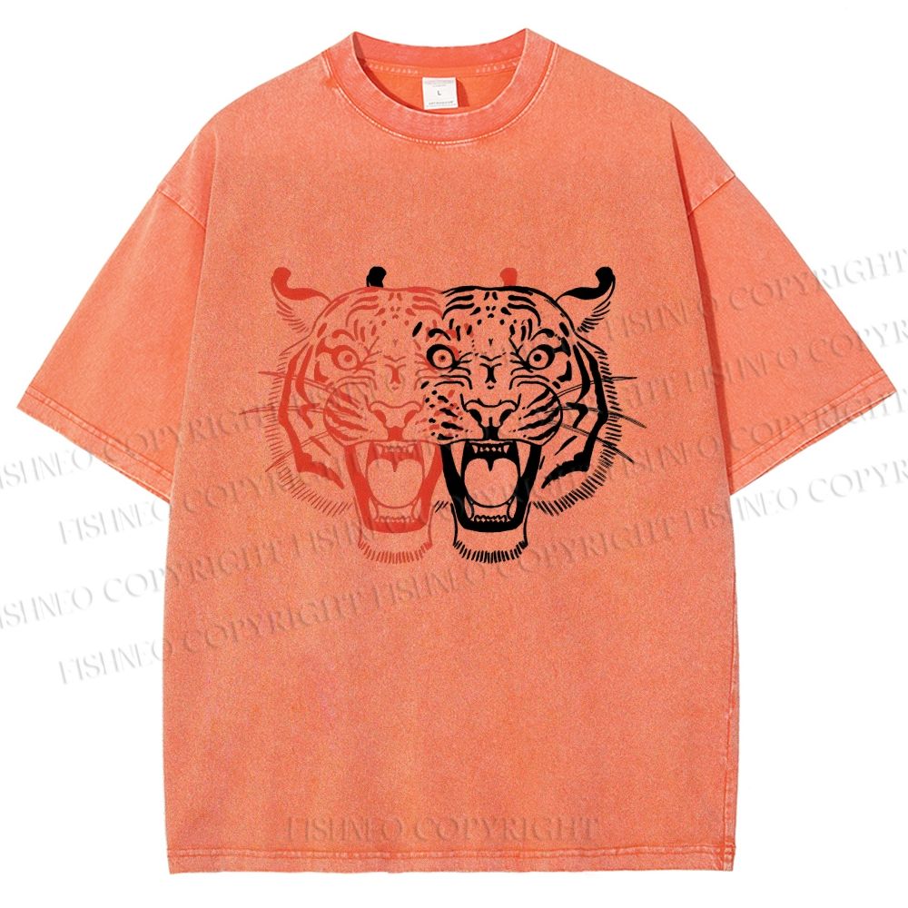 Unisex Patchwork Tiger Printed Washed Tee