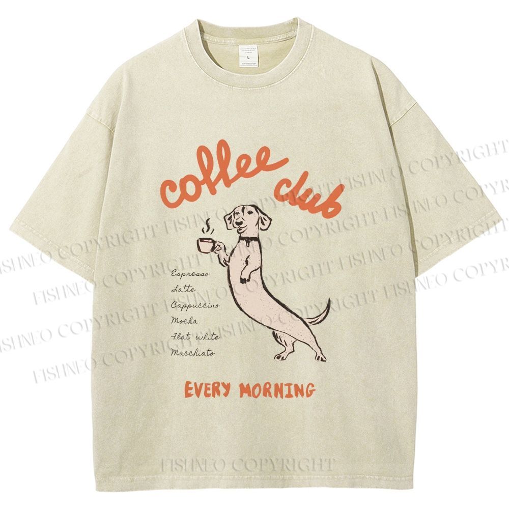 Unisex Dachshund Coffee Club Morning Printed Washed Tee