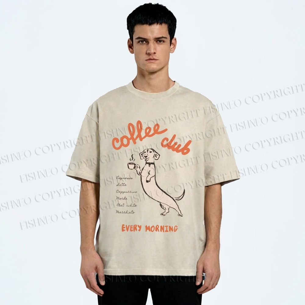 Unisex Dachshund Coffee Club Morning Printed Washed Tee