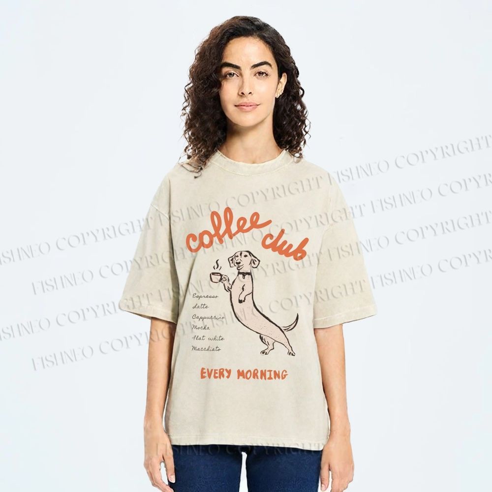 Unisex Dachshund Coffee Club Morning Printed Washed Tee