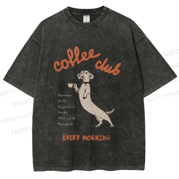 Unisex Dachshund Coffee Club Morning Printed Washed Tee