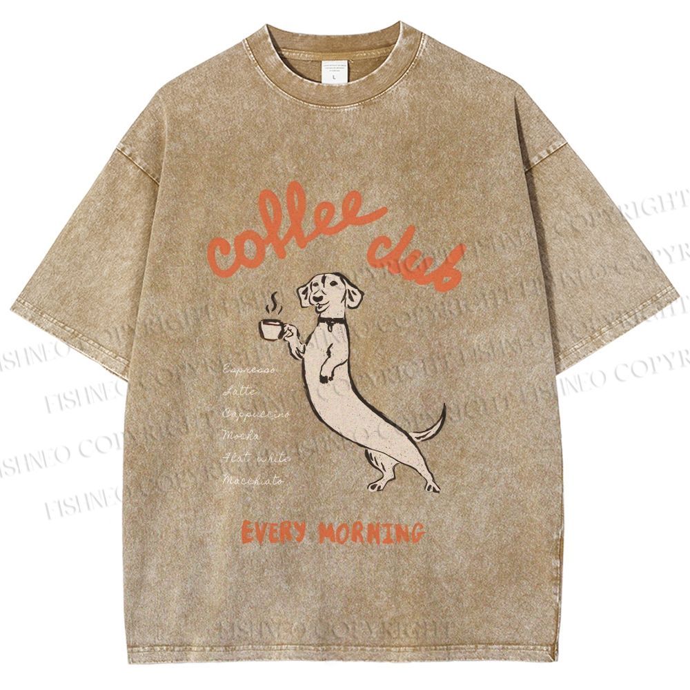 Unisex Dachshund Coffee Club Morning Printed Washed Tee