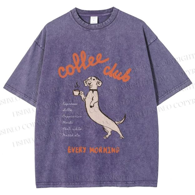 Unisex Dachshund Coffee Club Morning Printed Washed Tee
