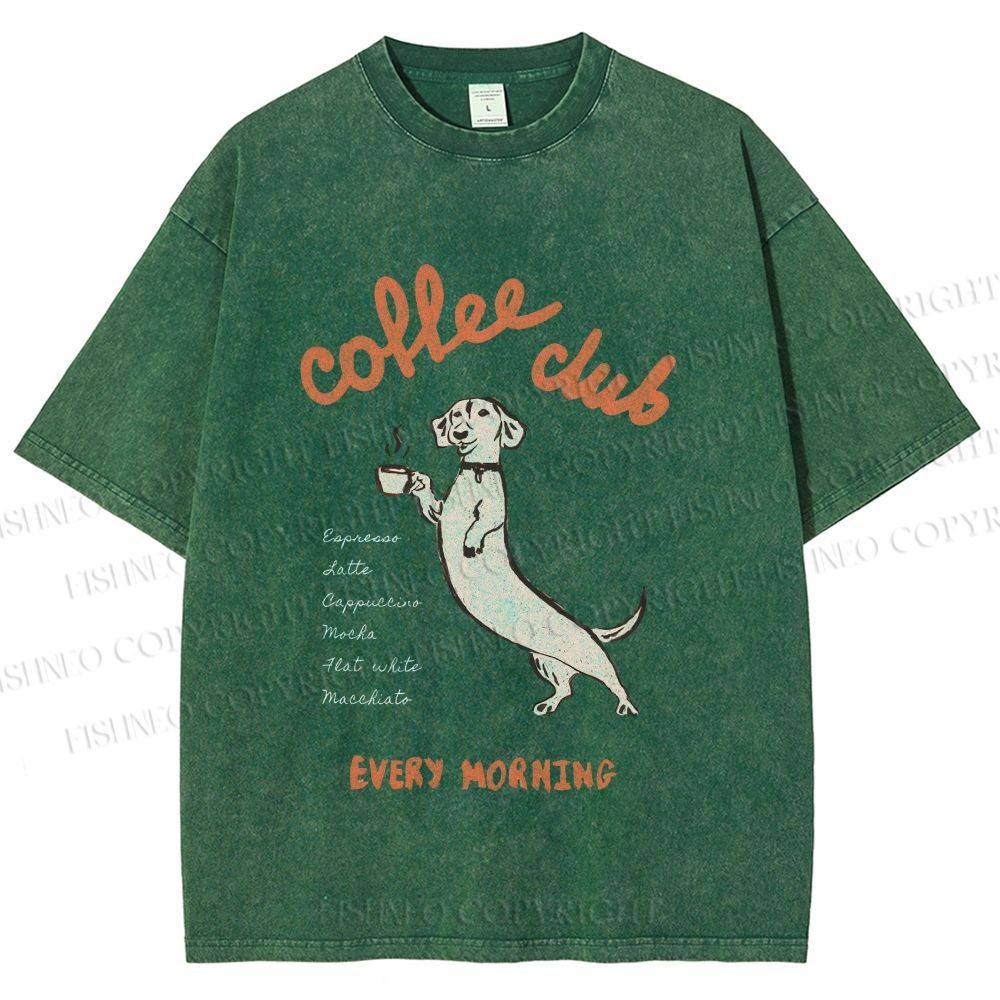 Unisex Dachshund Coffee Club Morning Printed Washed Tee