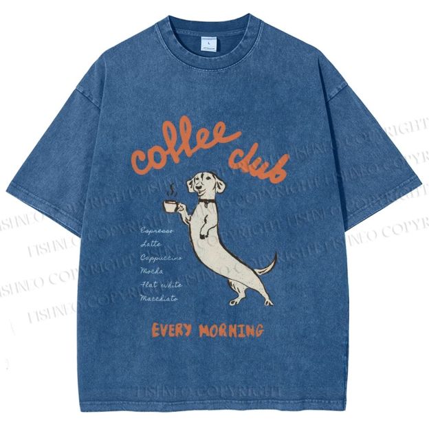 Unisex Dachshund Coffee Club Morning Printed Washed Tee