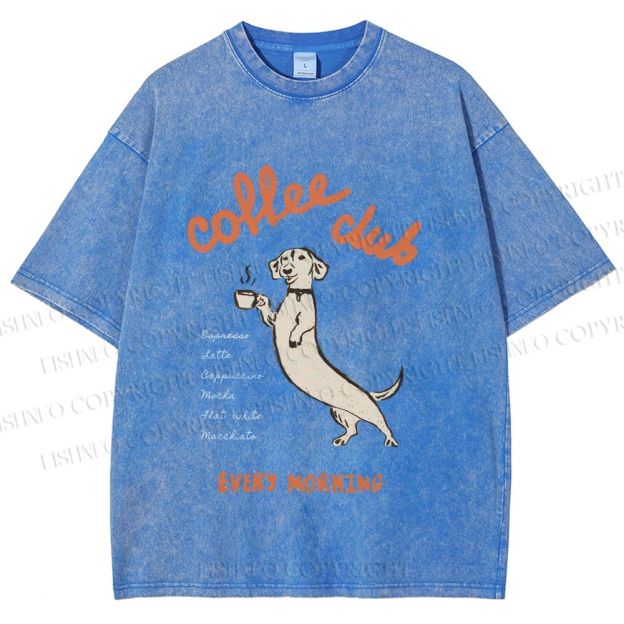 Unisex Dachshund Coffee Club Morning Printed Washed Tee