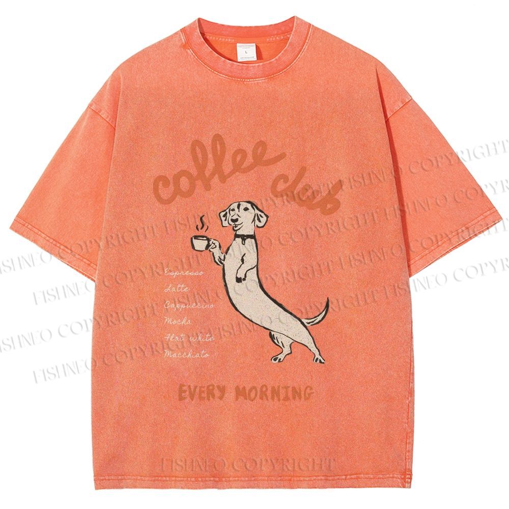 Unisex Dachshund Coffee Club Morning Printed Washed Tee