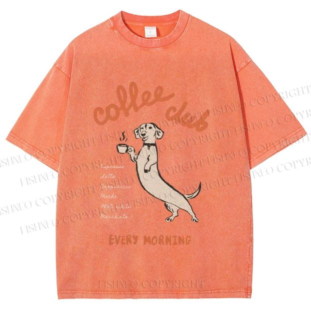 Unisex Dachshund Coffee Club Morning Printed Washed Tee
