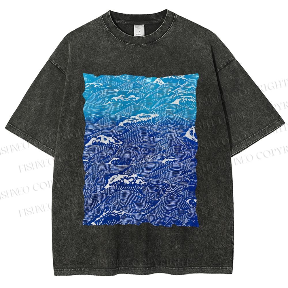 Unisex Blue Wave Printed Washed Tee