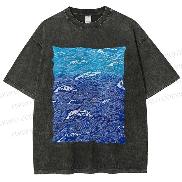 Unisex Blue Wave Printed Washed Tee