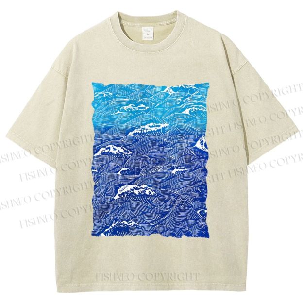 Unisex Blue Wave Printed Washed Tee
