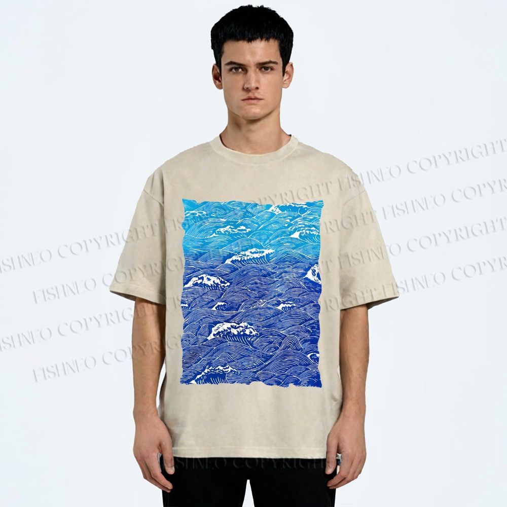 Unisex Blue Wave Printed Washed Tee