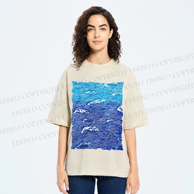 Unisex Blue Wave Printed Washed Tee
