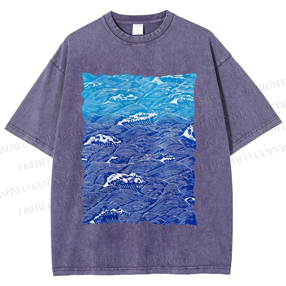 Unisex Blue Wave Printed Washed Tee