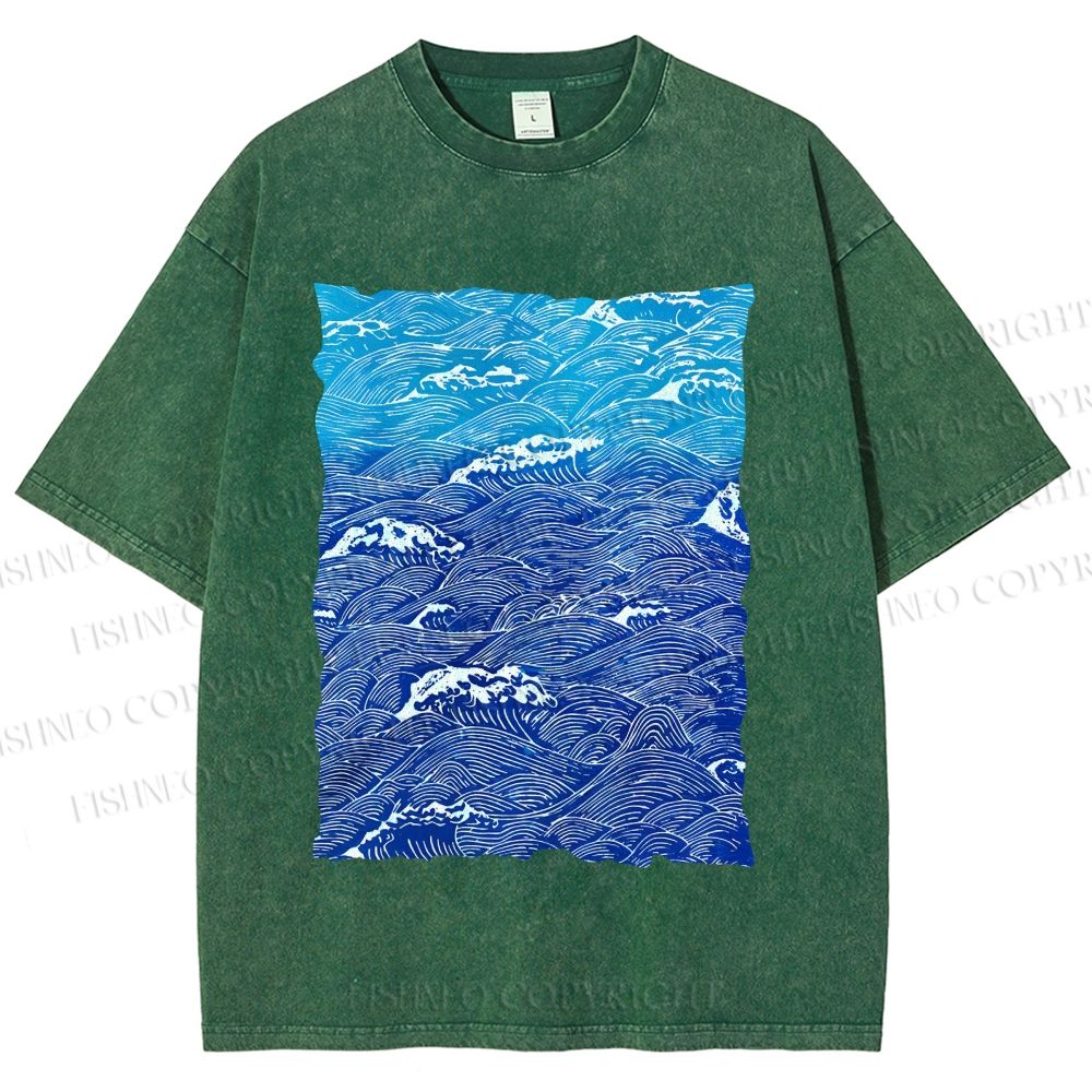 Unisex Blue Wave Printed Washed Tee