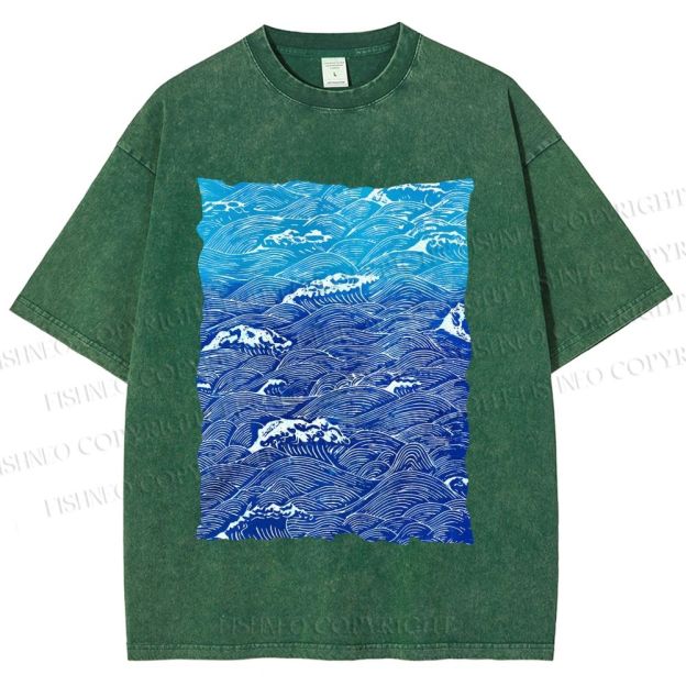 Unisex Blue Wave Printed Washed Tee