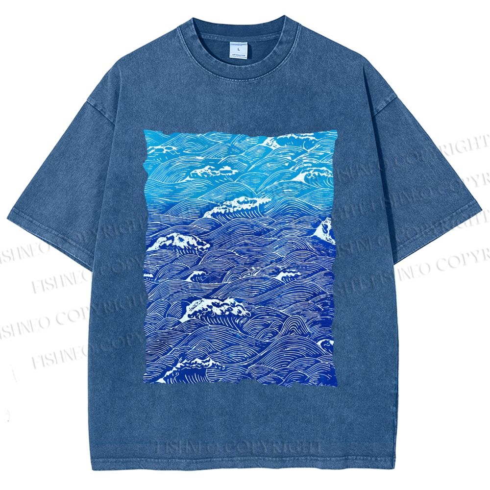 Unisex Blue Wave Printed Washed Tee