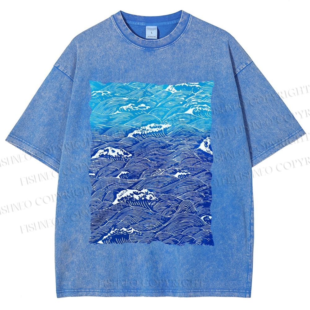 Unisex Blue Wave Printed Washed Tee