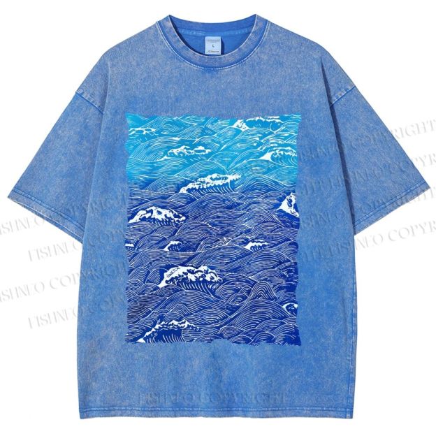 Unisex Blue Wave Printed Washed Tee