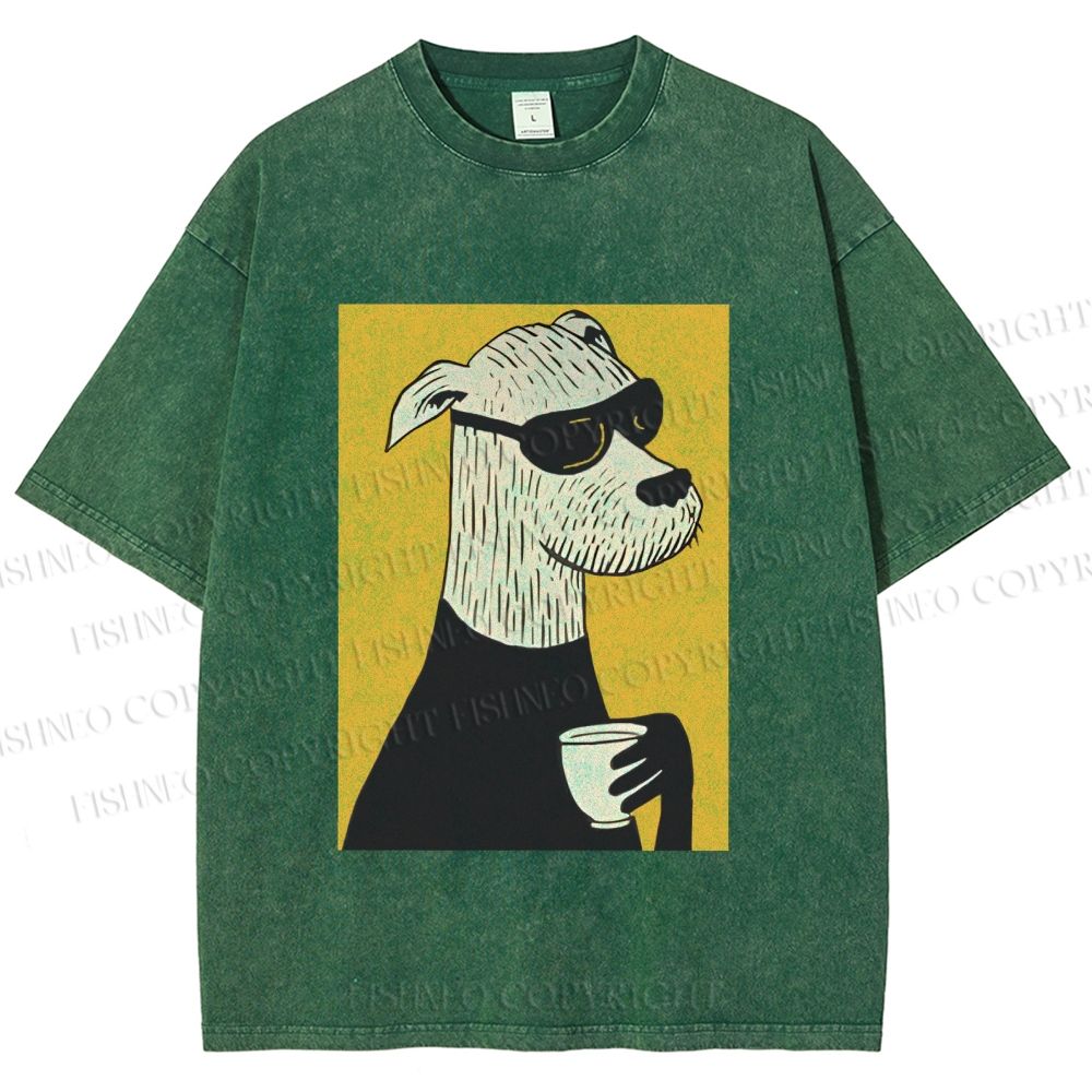Unisex Cool Canine Coffee Break Printed Washed Tee