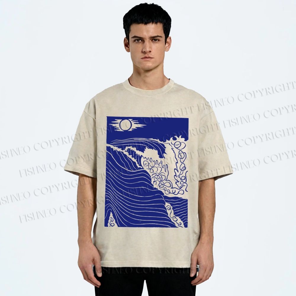 Unisex Adrift on the Sea Wave Printed Washed Tee