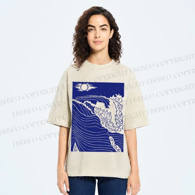 Unisex Adrift on the Sea Wave Printed Washed Tee