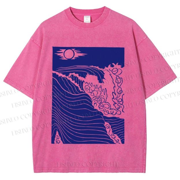 Unisex Adrift on the Sea Wave Printed Washed Tee