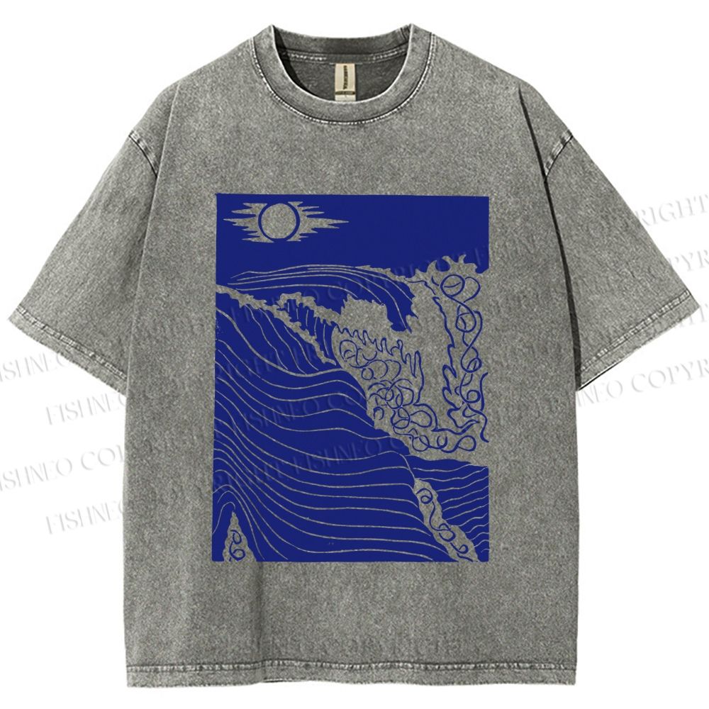 Unisex Adrift on the Sea Wave Printed Washed Tee