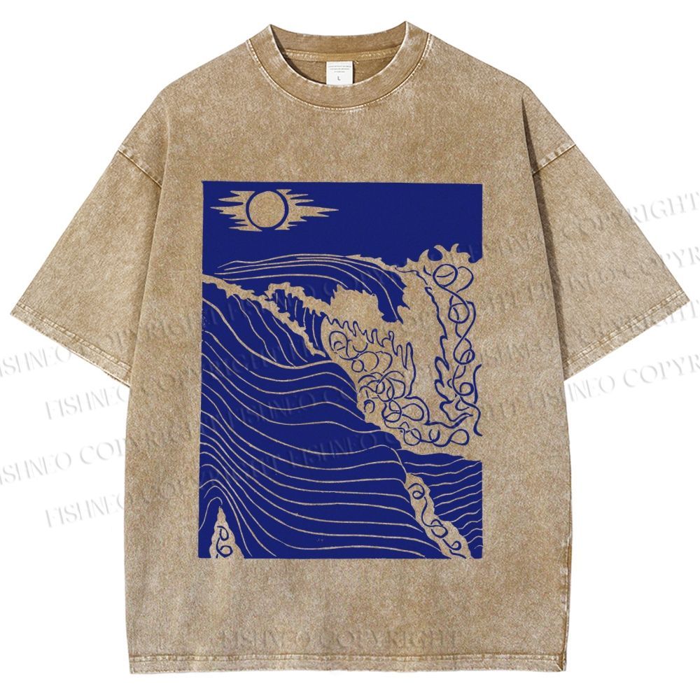 Unisex Adrift on the Sea Wave Printed Washed Tee