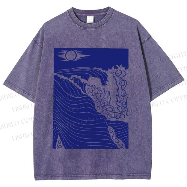 Unisex Adrift on the Sea Wave Printed Washed Tee