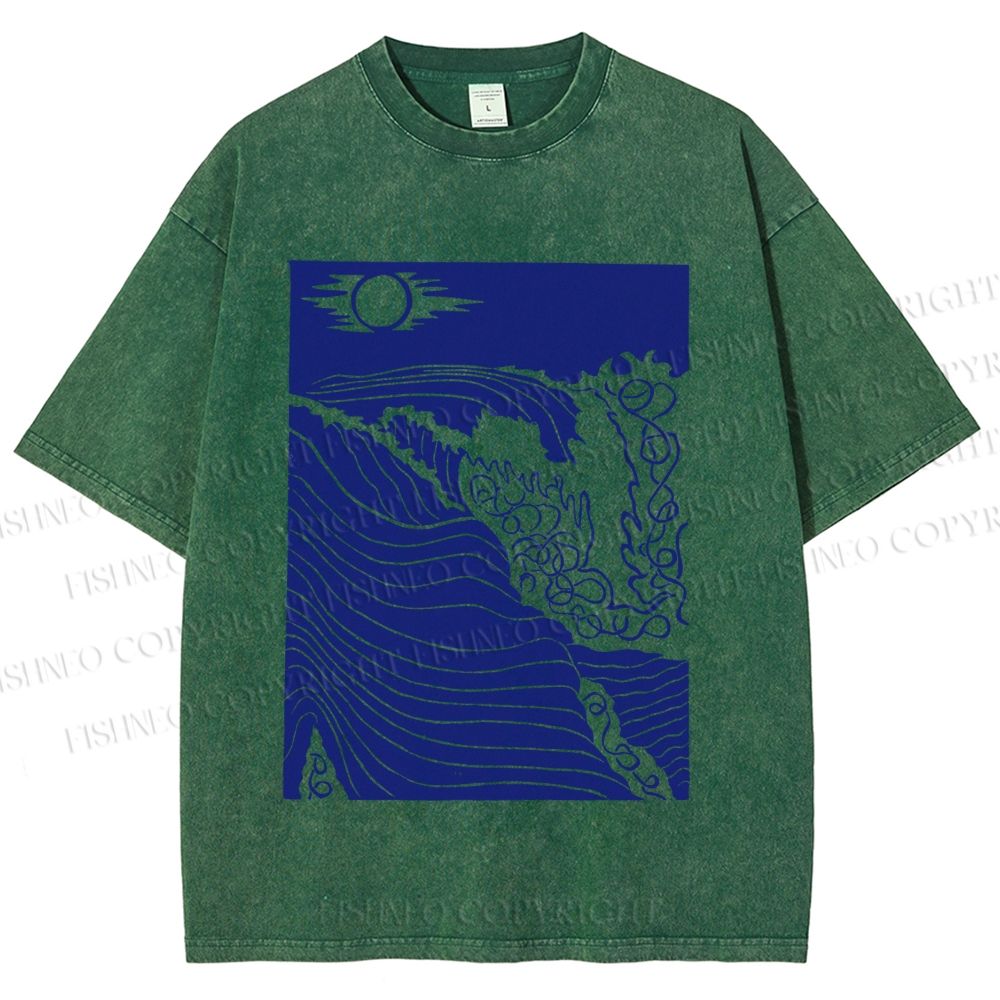 Unisex Adrift on the Sea Wave Printed Washed Tee