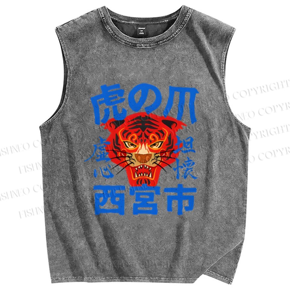 Unisex  Tiger Japanese Style Printed Washed Tank Top