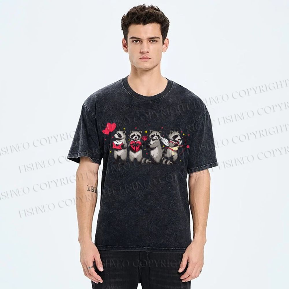 Unisex Love-Struck Raccoon Cupid Printed Washed Tee