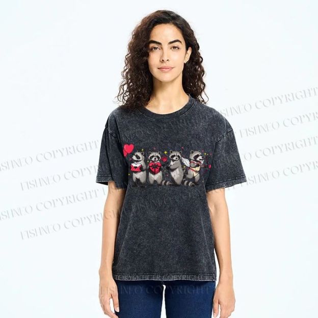Unisex Love-Struck Raccoon Cupid Printed Washed Tee