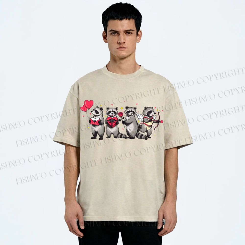 Unisex Love-Struck Raccoon Cupid Printed Washed Tee