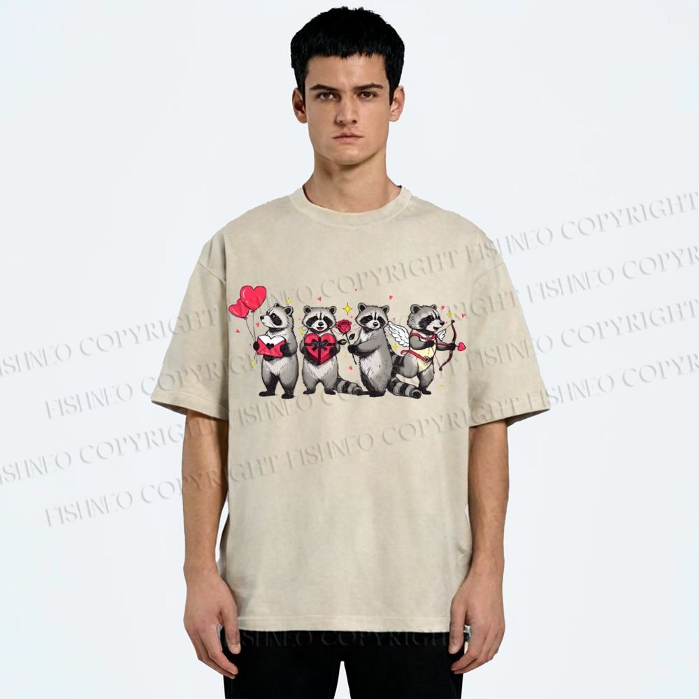 Unisex Love-Struck Raccoon Cupid Printed Washed Tee