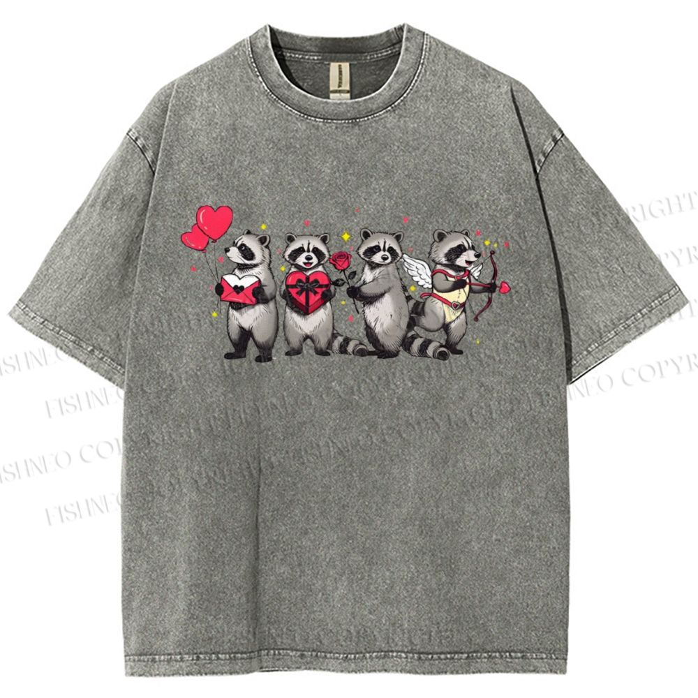 Unisex Love-Struck Raccoon Cupid Printed Washed Tee
