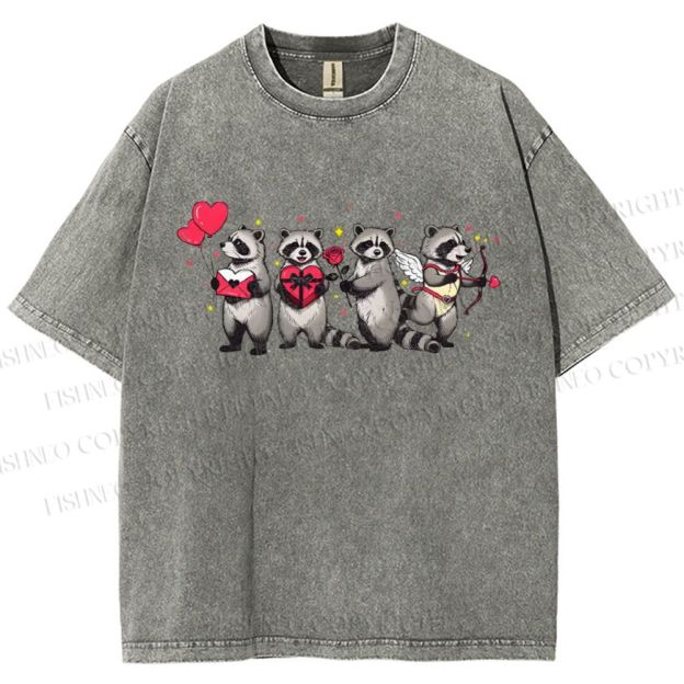 Unisex Love-Struck Raccoon Cupid Printed Washed Tee