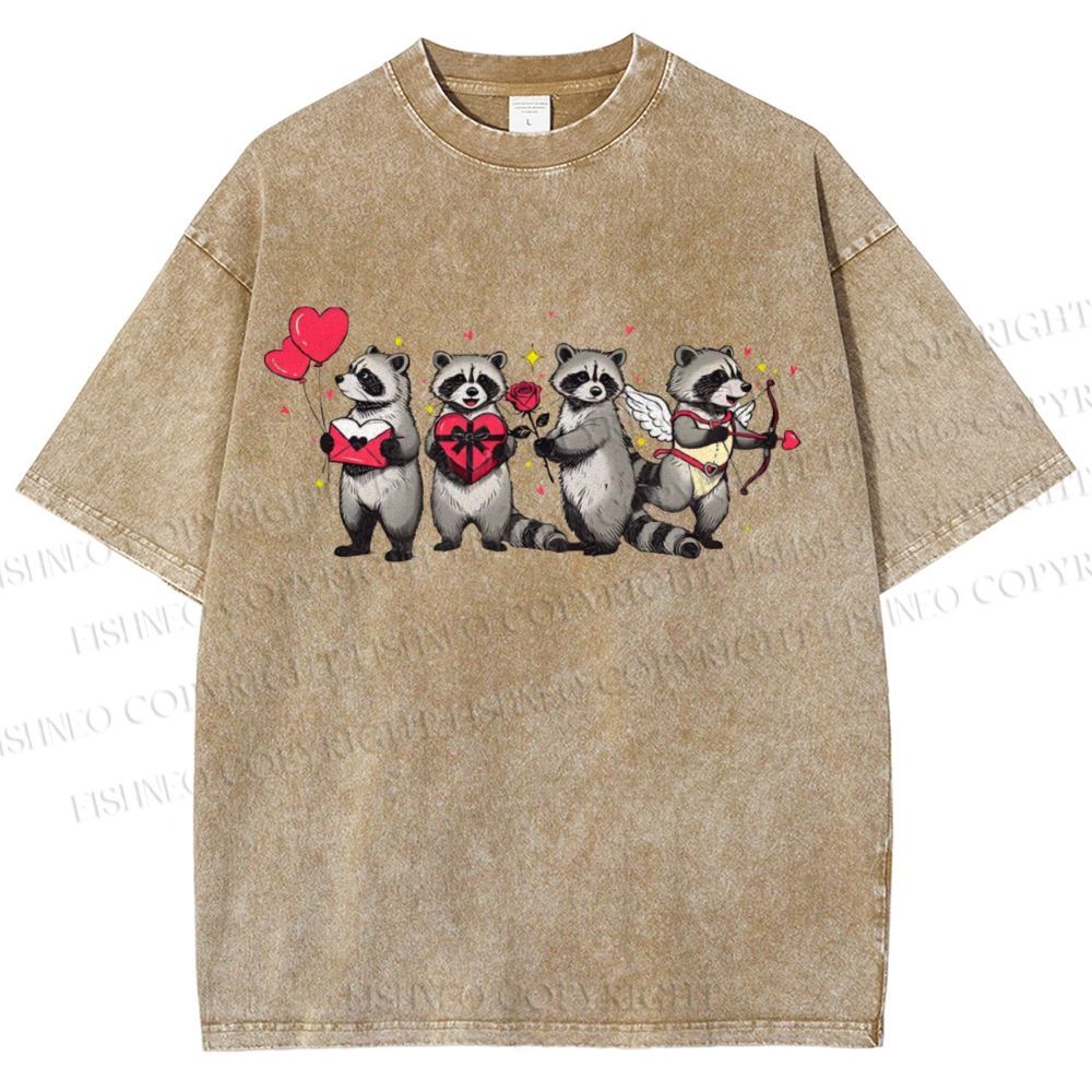 Unisex Love-Struck Raccoon Cupid Printed Washed Tee