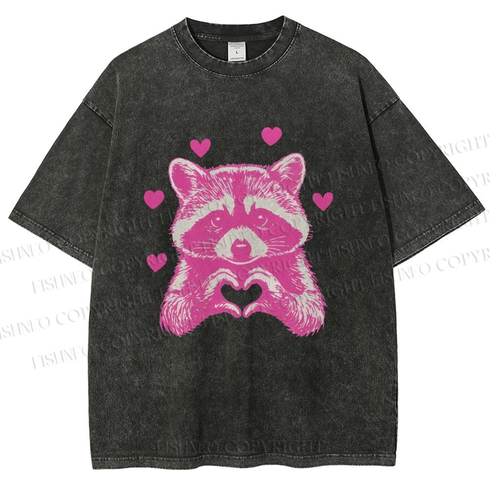 Unisex Heart-Making Raccoon Printed Washed Tee