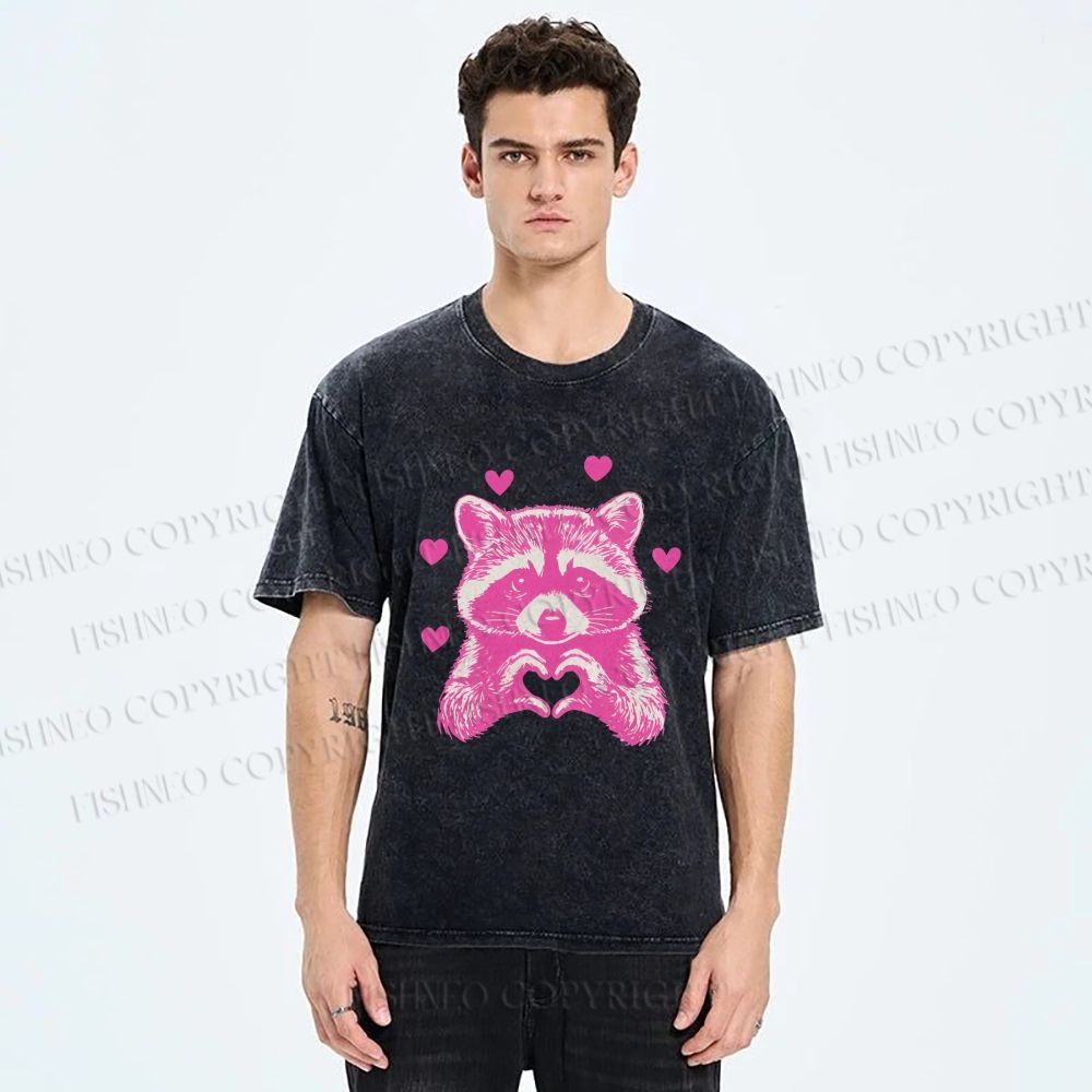 Unisex Heart-Making Raccoon Printed Washed Tee