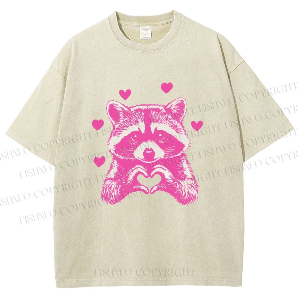 Unisex Heart-Making Raccoon Printed Washed Tee