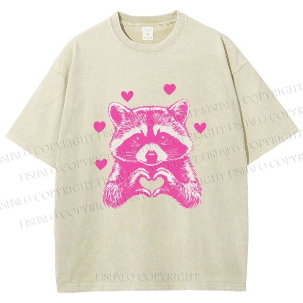 Unisex Heart-Making Raccoon Printed Washed Tee