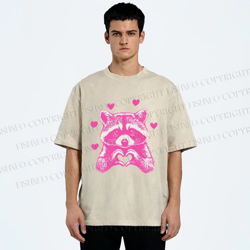 Unisex Heart-Making Raccoon Printed Washed Tee