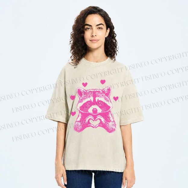 Unisex Heart-Making Raccoon Printed Washed Tee